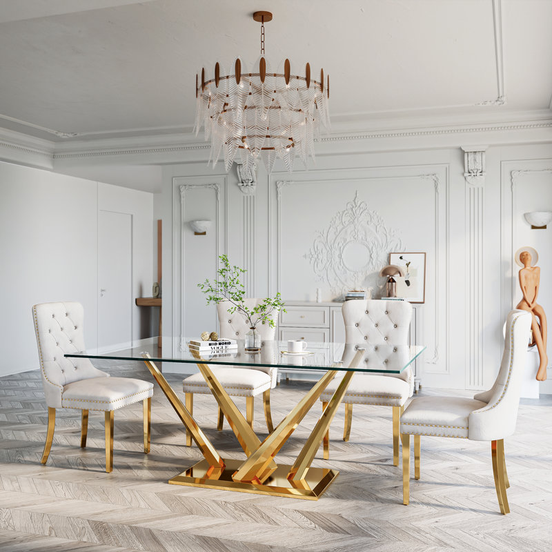 Glass Top Metal Base Dining Table With 4 Velvet Dining Chairs,5 - Piece Pedestal Dining Set, White/Gold, Gold