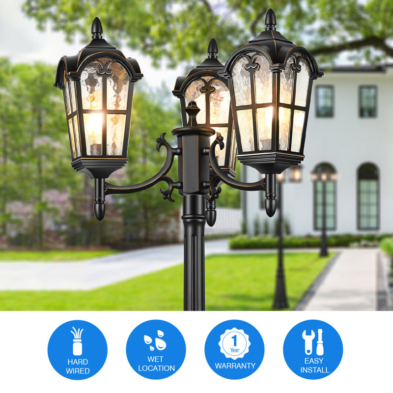 Black 3-Head Outdoor Lamp Post Light Fixture with Dusk to Dawn