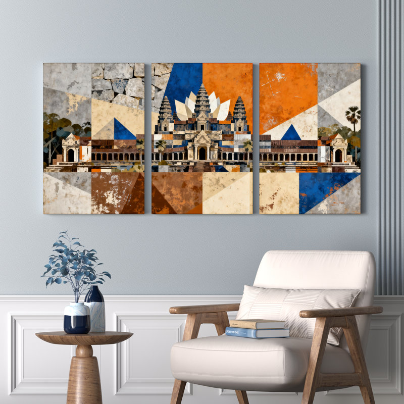 Tableau abstrait géométrique sur toile tendue représentant le temple d'Angkor Wat (lot de 3), H 36 po x l 72 po