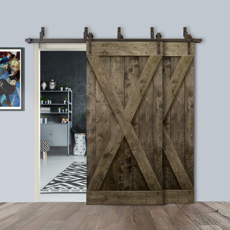 Porte de grange double à panneaux en bois teinté à panneau avec ensemble de quincaillerie coulissante, 88 po x 84 po