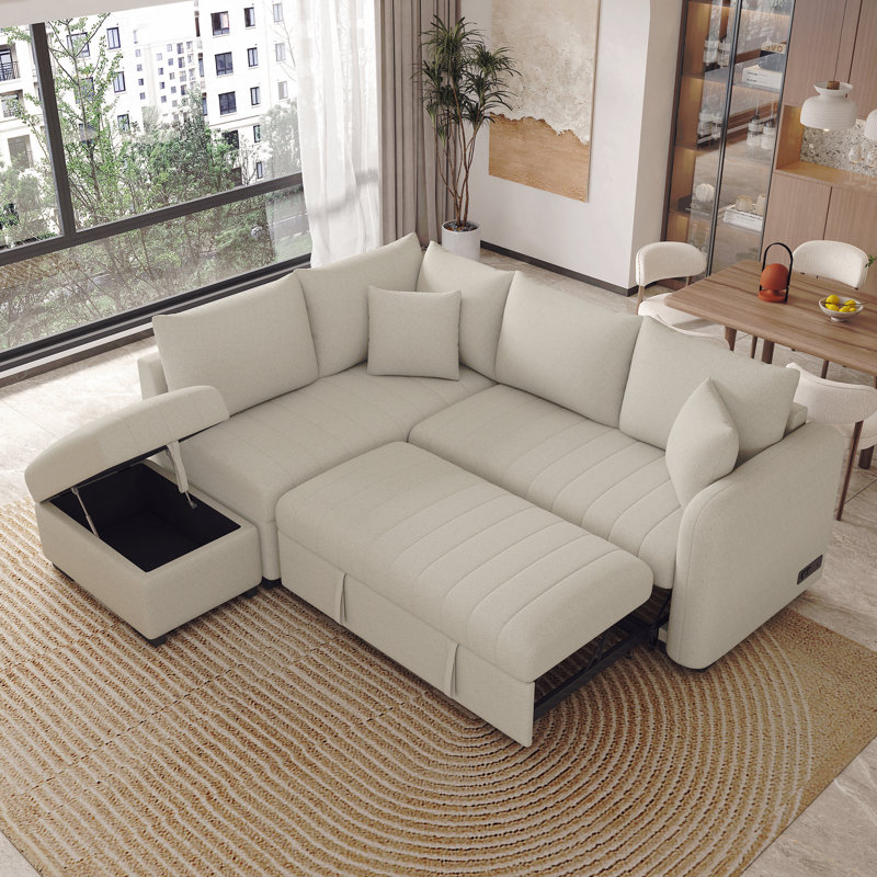 Canapé-lit modulaire en forme de L de 82,6 po avec deux ports USB, deux prises de courant et un repose-pieds de rangement mobile, beige