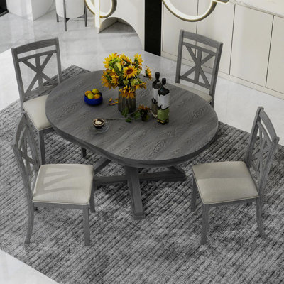 Extendable Round Dining Table Farmhouse Kitchen Table with 4 Upholstered Chairs