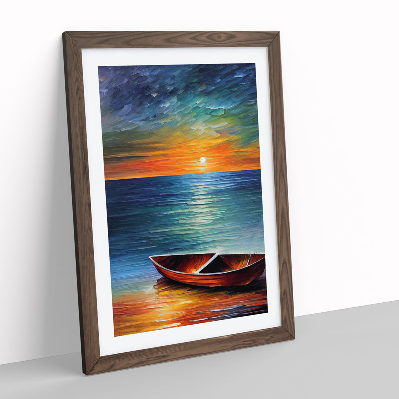 Boat at Sunset No.3 - Wall Art, 66cm H x 48cm W x 2cm D, Walnut Framed, White