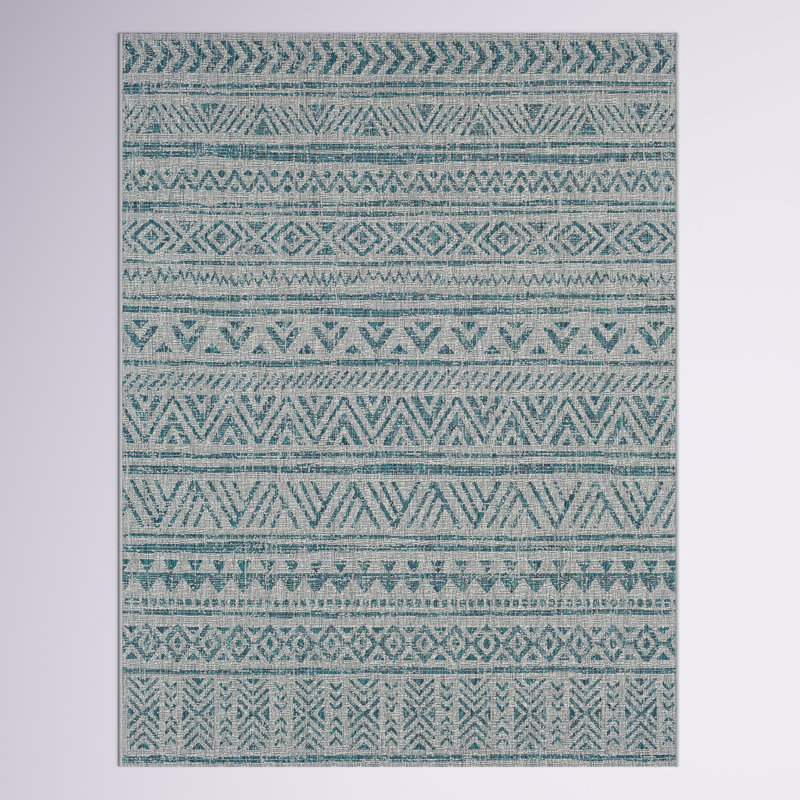 Tapis turquoise / gris tissé à la machine Tomas, Rectangle 4 pi 3 po x 5 pi 11 po