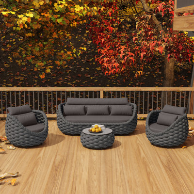 5 - Person 4  Piece Polyester Rope hand weave Altuminum Frame Outdoor Conversation Set with Cushions and Table for Patio Proch Sunroom