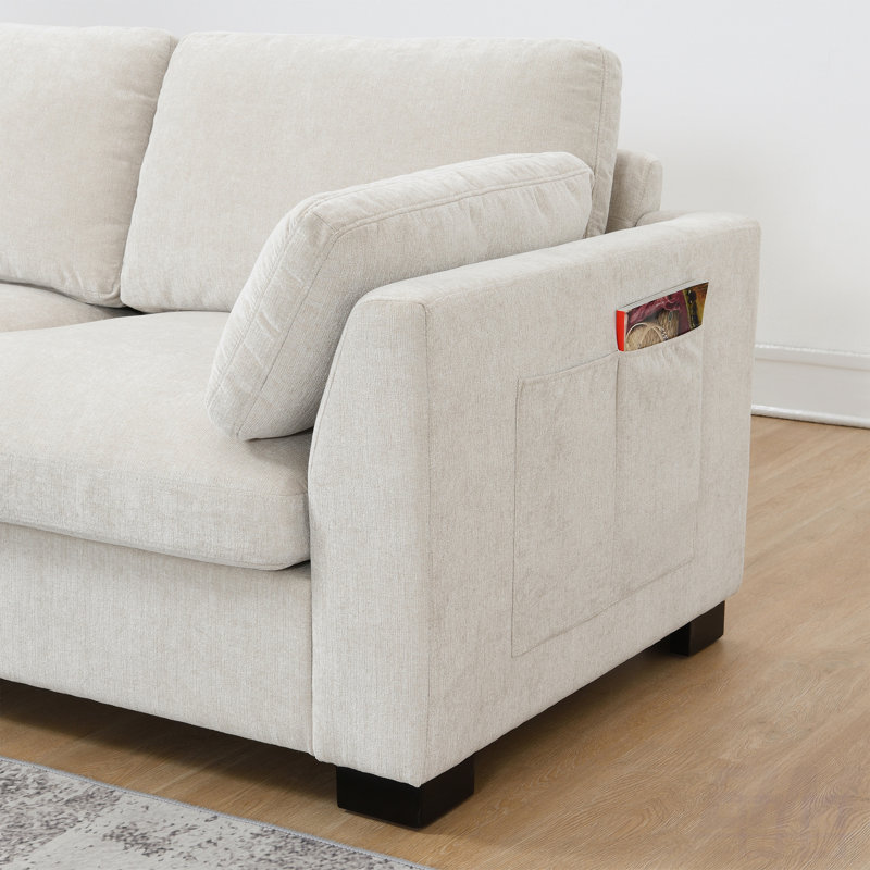 130" Modular Sectional Sofa, L-Shape with Folding Table and Dual-Port Charging, Side Storage Pockets, 2 Armrest Pillows, Free Movement Ottoman, High Density Foam, Chenille, 5 Seat