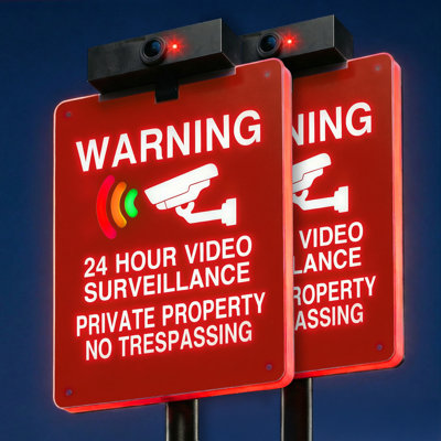 Solar No Trespassing Sign – 33.9" Overall Height, Self-Illuminating ABS Panel (Camera & Red Light), Carbon Steel Stake, 3-Way Mount, Weatherproof, 55H Runtime