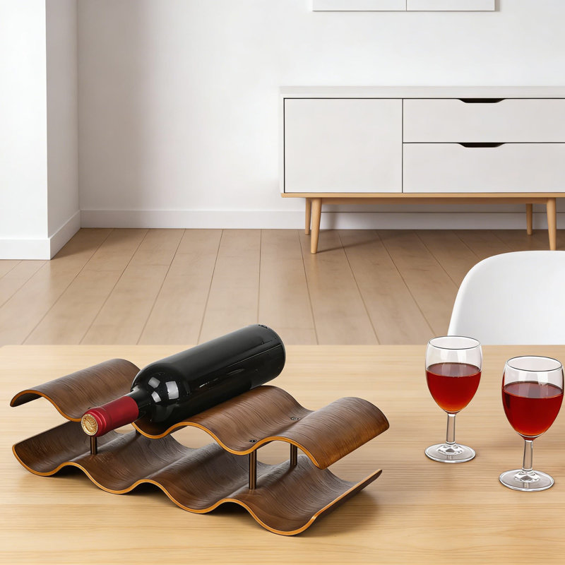 Support à vin sur comptoir à 2 niveaux en bois, porte-bouteilles autoportant à 7 bouteilles avec design ondulé pour un rangement sécuritaire dans la cuisine, le garde-manger ou le bar