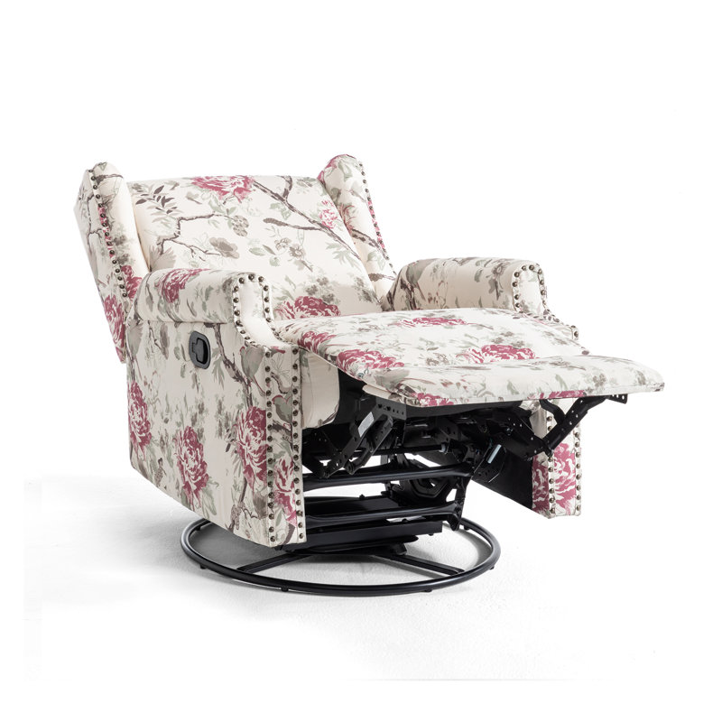 Upholstered Classic Wing Back Manual Handle Swivel Rock Glider Recliner with Naihead Trims, Plants Floral