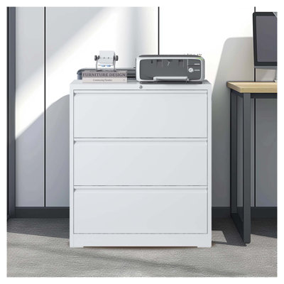 35.4 Inch Wide White 3 Drawer Lateral File Cabinet, Locking Heavy Duty Metal Home Office Filing Cabinet