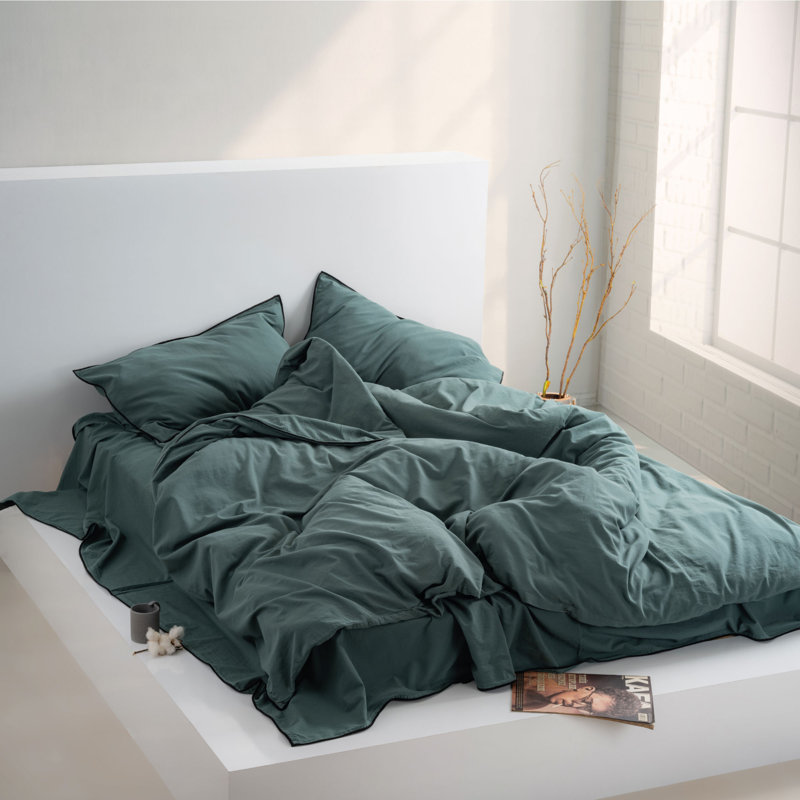 Cotton Solid Colour Duvet Cover Set with Pillowcases, Dark Green