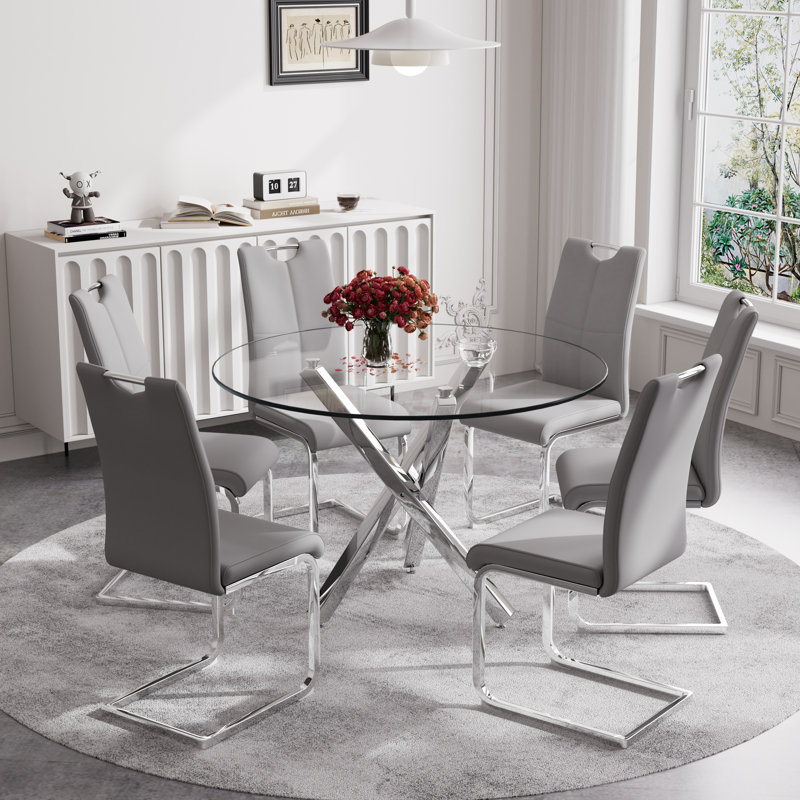 7 Piece Dining Set, Dining Table and 6 Dining Chair, 29.52" H x 39.3" L x 39.3" W, Gray/Silver, Silver