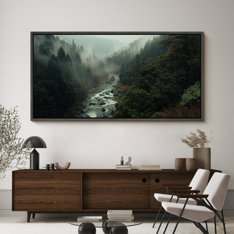 «Mystical Misty Forest River Modern Art», très grande impression d'art, H 30 po x l 60 po, Black
