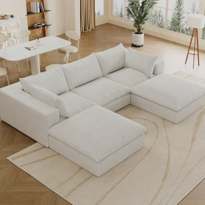 Nuage blanc à 5 places en velours côtelé de 118,2 po avec conception à double couche, coussin amovible, aucun assemblage pour les espaces d'étude et de divertissement, douceur rembourrée de plumes, support en éponge en tissu doux, haute densité