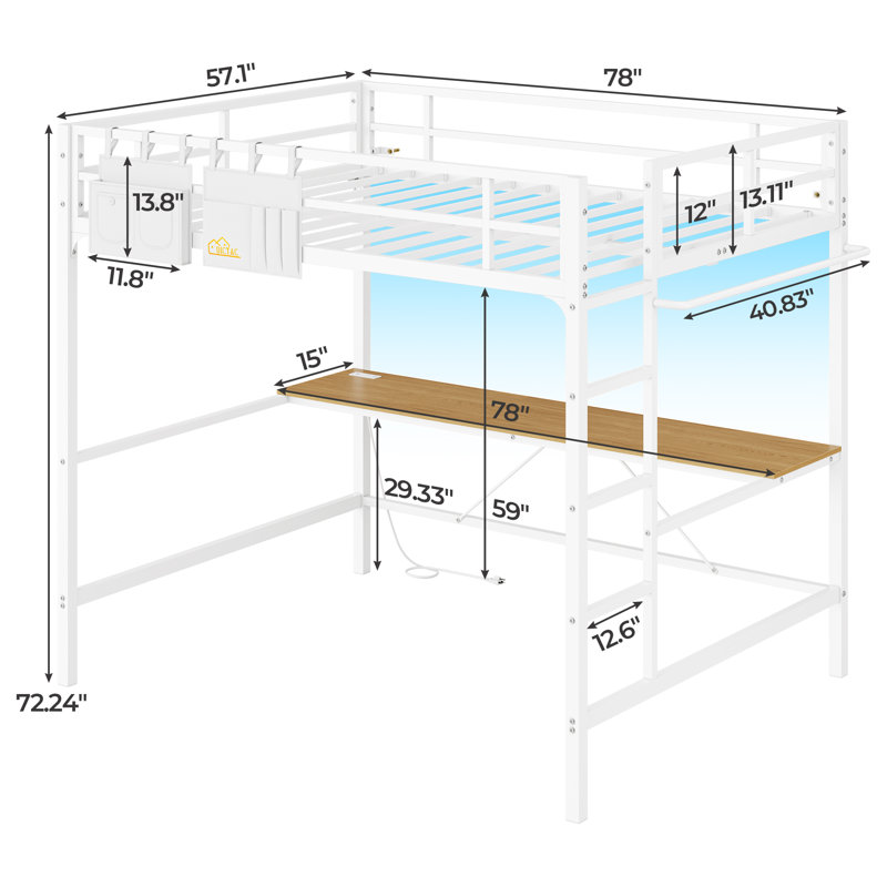 Full Size Loft Bed With Desk And Led Light, Metal Full Size Loft Bed With Power Outlet, Full Size Bed Frame With Upper Bunk, Safety Guard And Ladder, Space Saver,