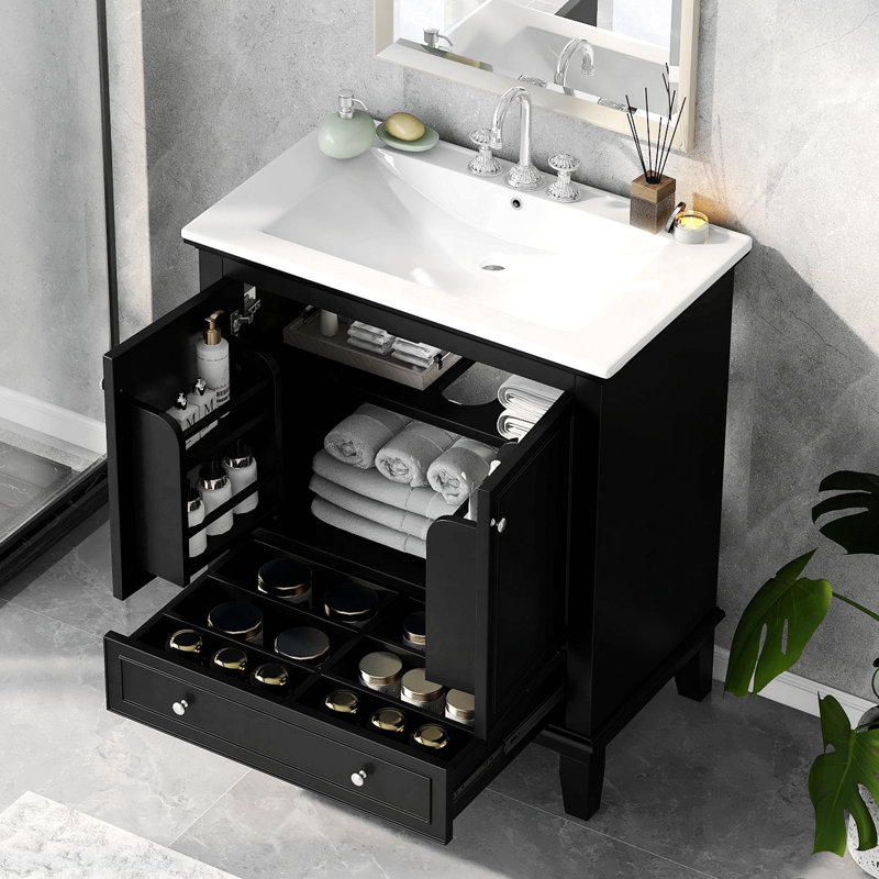 Meuble-lavabo de salle de bain avec lavabo, armoire de salle de bain multifonctionnelle avec portes et tiroir, bois massif et panneau de fibres à densité moyenne