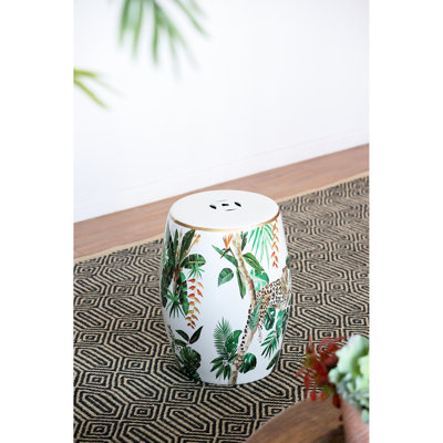 Tabouret de jardin en céramique 13 po x 13 po x 18 po avec des illustrations de la jungle bohémienne, peut être une table de bout avec des graphiques animés et des vibrations naturelles, idéal pour la décoration du salon