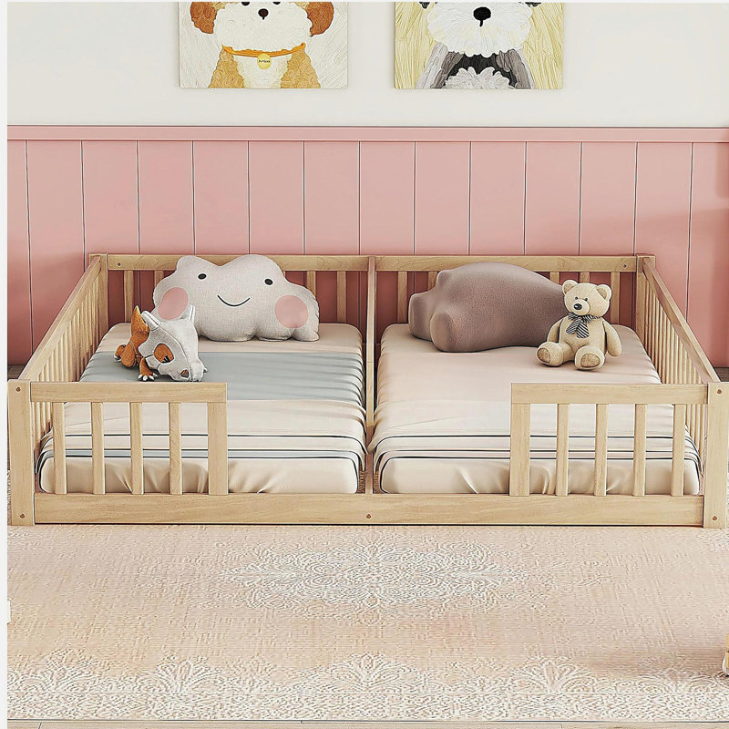 Double Twin Floor Bed with Fence, Guardrails, without door, Natural, Natural