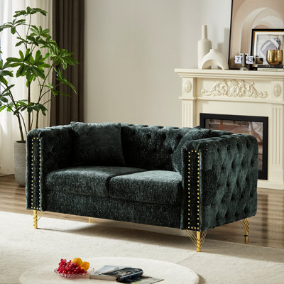 60-Inch Chenille Living Room , Button And Copper Nail Decorated, Metal Legs, Fashionable 2 Hideaway For Room, With Decoration, 2 Legs