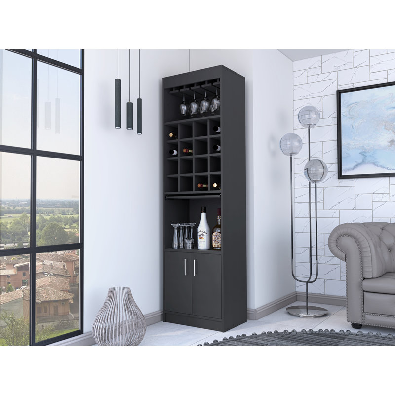 Kabul Kava Bar Cabinet with Double Doors, Two Shelves, and Six Wine Cubbies, Black Wengue