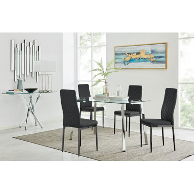 Eubanks Cosmic Luxury Glass and Chrome Dining Table Set with 4 Quilted Faux Leather Dining Chairs
