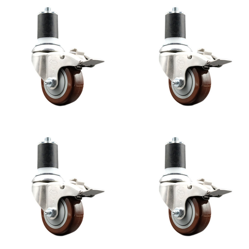 Poly Swivel Expanding Stem Caster Set Lock Brake, 3" H x 3" W, Maroon