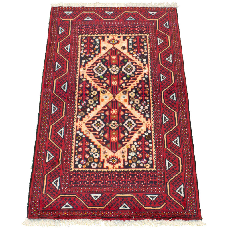 Tapis décoratif en laine rouge noué à la main 3 pi 5 po x 6 pi 4 po one-of-a-kind Betsua