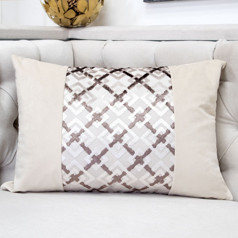 Geometric Velvet Throw Pillow, Cream/Brown