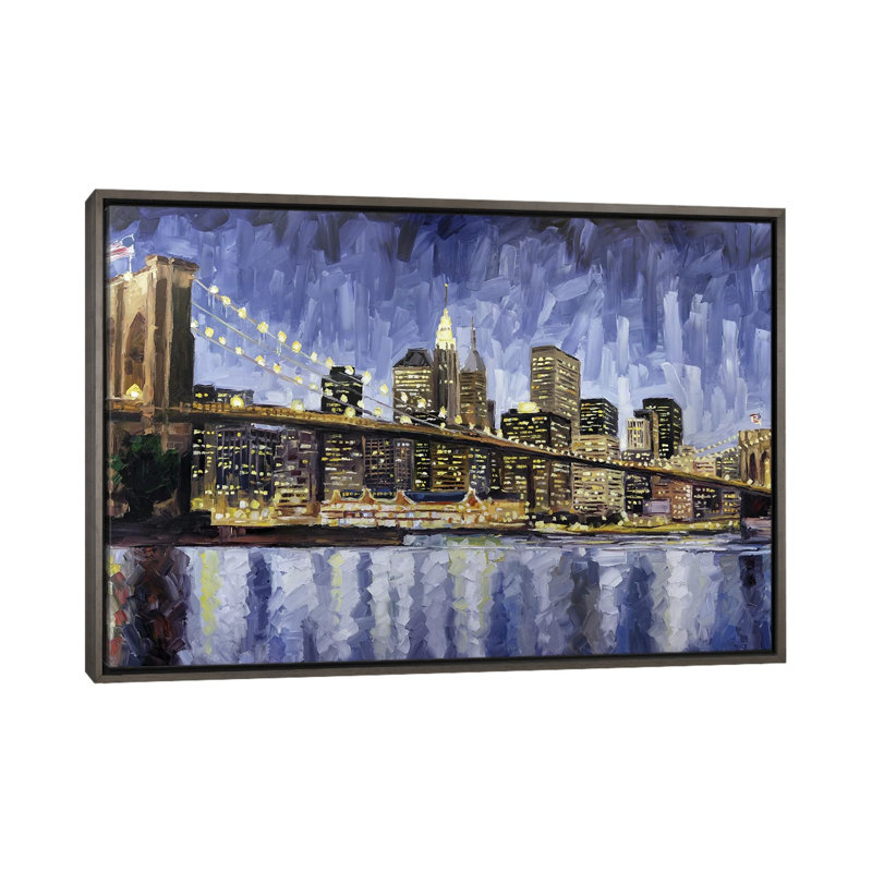 Pont de Brooklyn par Roger Disney - reproduction d'art, H 26 po x l 40 po x 1,5 po, Toile encadrée de bois rustique foncé