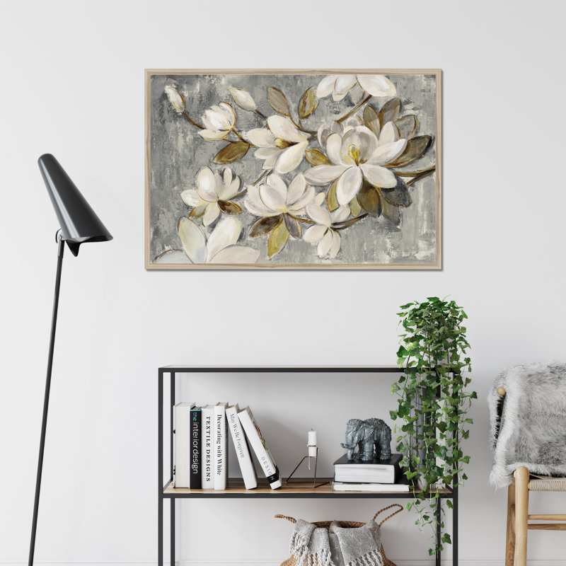 Magnolia Simplicity Neutral Grey by Silvia Vassileva - Painting, 65cm H x 95cm W, Natural Wood Framed Paper Print