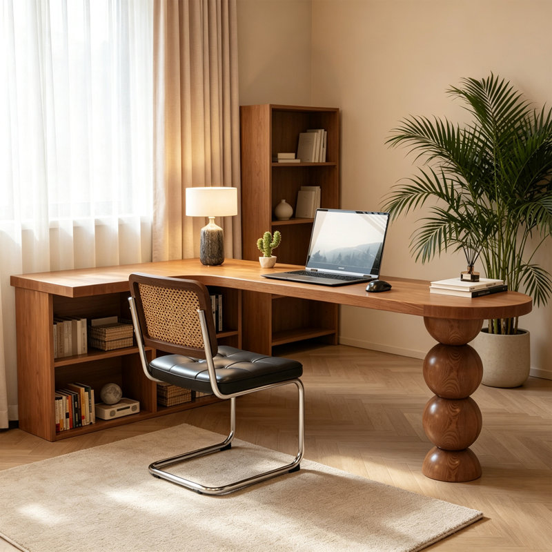 Bureau d'écriture rétro en forme de L en bois massif brun, H 29,52 po x l 70,86 po x P 47,24 po