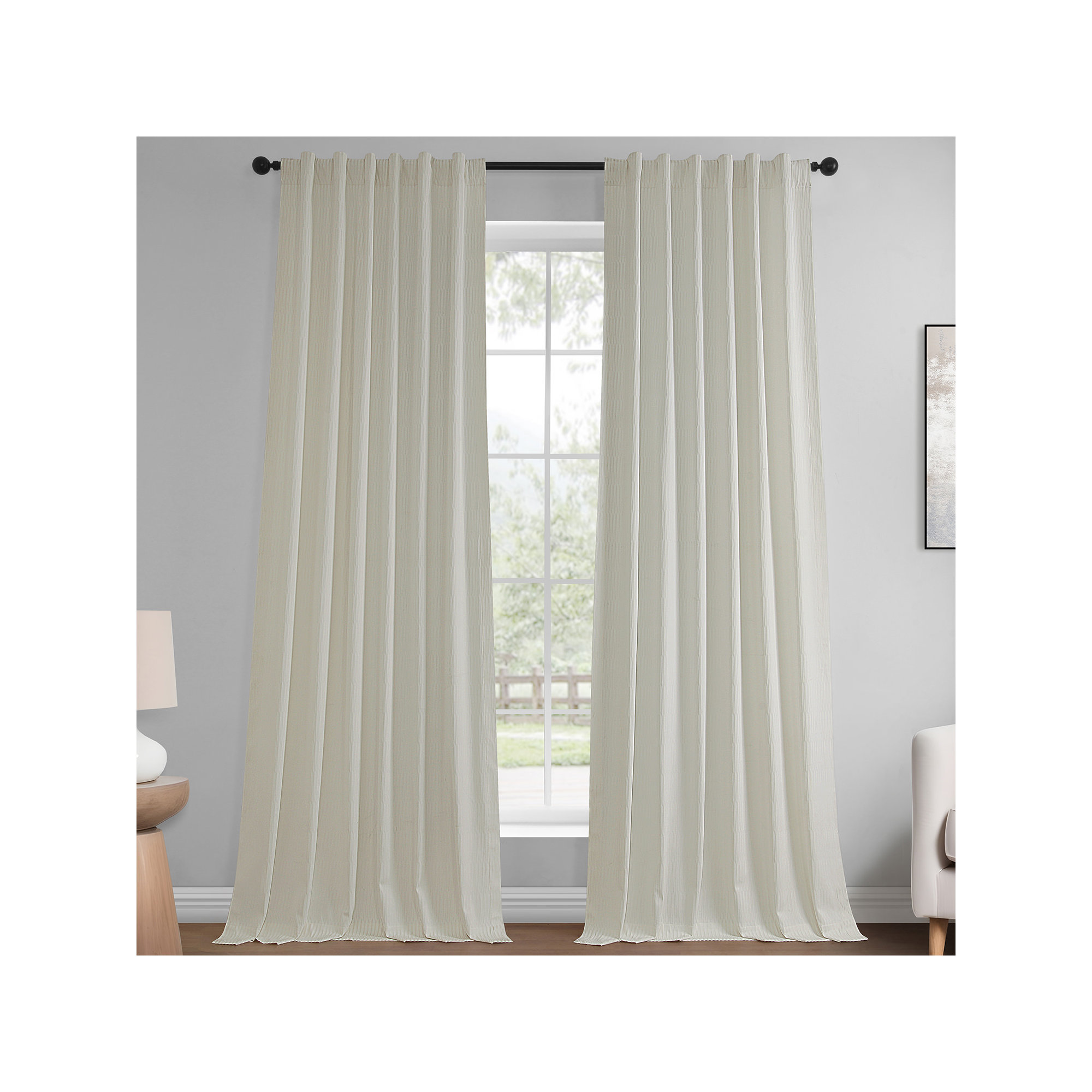Akieba Lines Velvet Room Darkening Curtains, Ivory, 50" W x 108" L