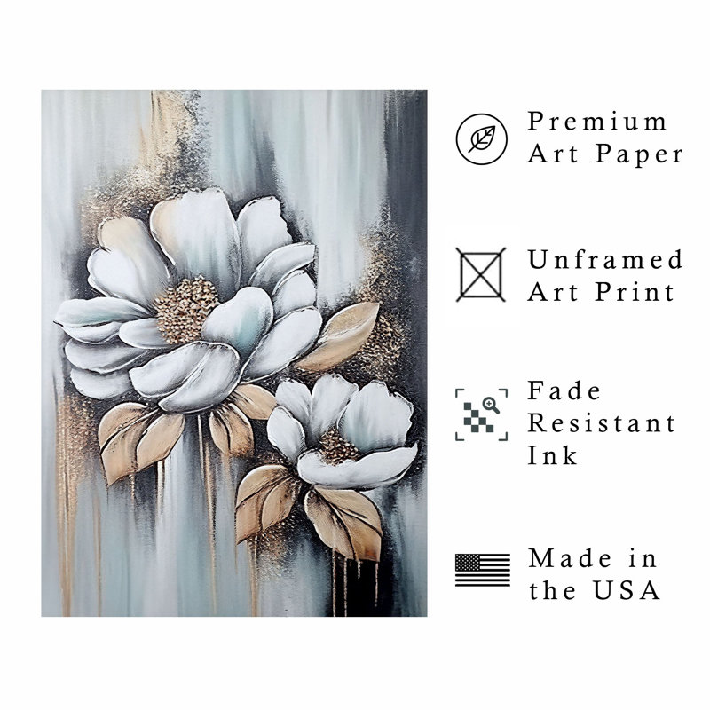 Floral blanc et doré, magnolia moderne, reproduction d'art non encadrée, H 10 po x l 8 po