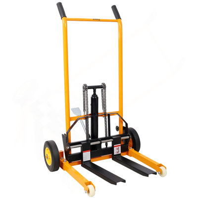 Manual Forklift Pallet Stakcer, Load  Capacity 440 Lbs, Hydraulic Material Lift 35.5" Lift Height With Adjustable Forks And Fixed Legs Pallet Truck Dolly Stacker,4PCS Wheels. Yellow Colour