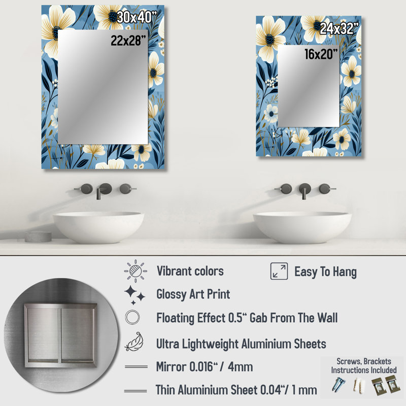 Antavius Blue Coastal Elegance Floral Pattern - Floral Large Mirror, Cottage Unique Wall Mirror Decor, Printed Metal Art