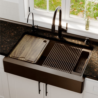Karran 34" Apron Front Single Bowl Quartz Kitchen Sink Kit in Brown