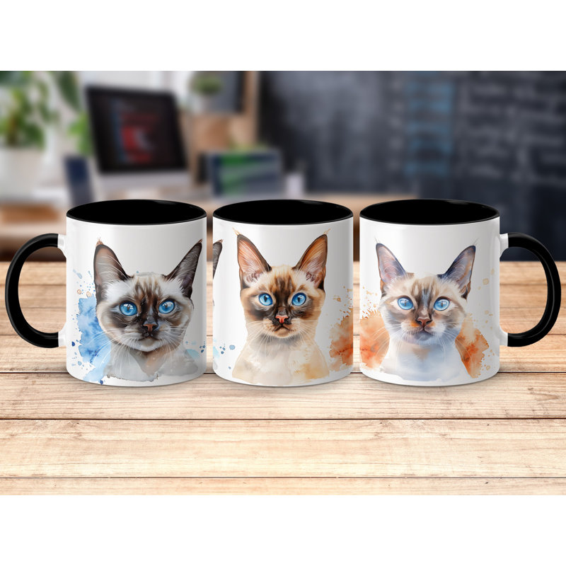 Cat Design 11oz Accent Mug – White Ceramic Coffee Cup with Colored Handle and Interior, Black, 2