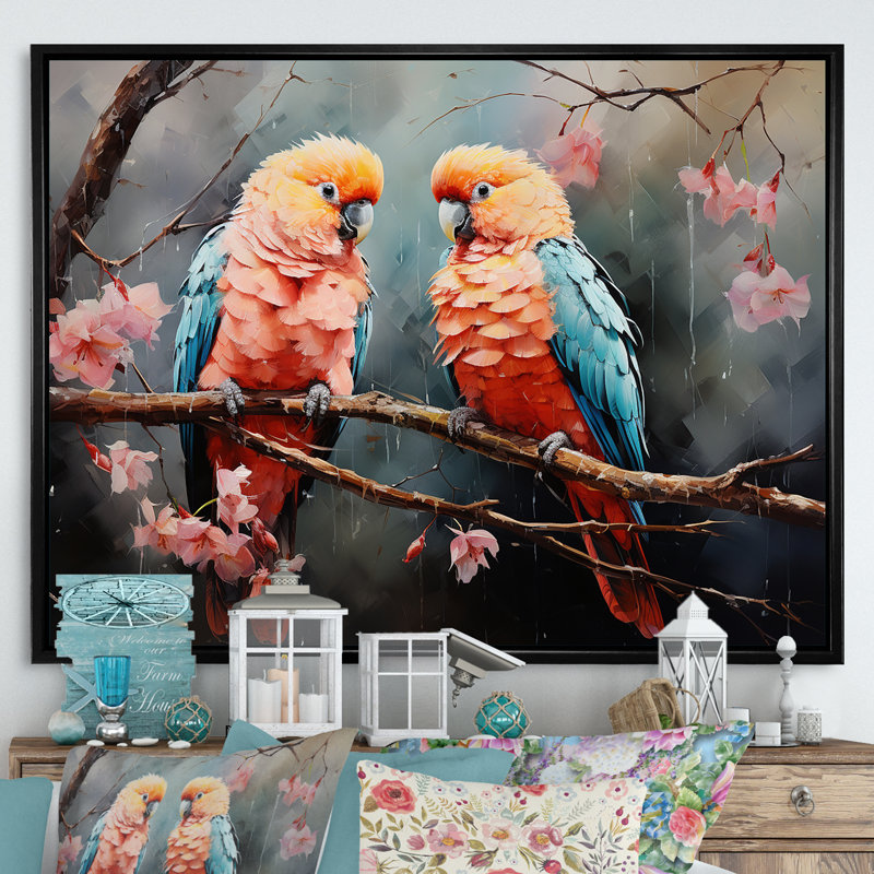 Perroquets éthérés, rencontres I - perroquet, art mural, salon_118025, Cadre flottant noir, H 24 po x l 32 po x P 1 po