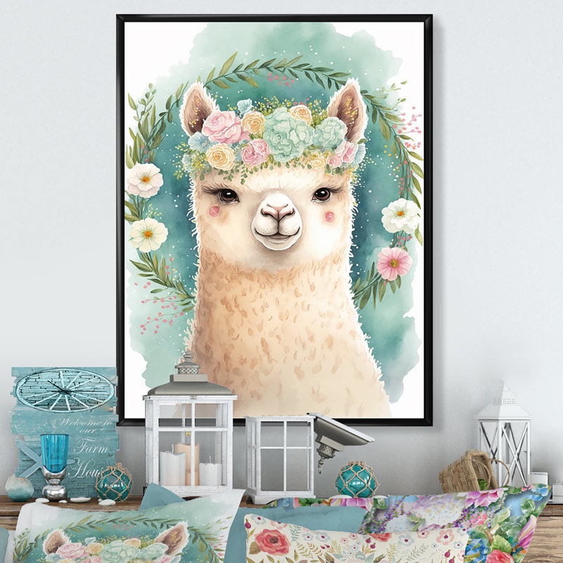 «Flower Alpaca Watercolor III», reproduction sur toile, H 40 po x l 30 po x P 1,5 po, Toile avec cadre flottant noir