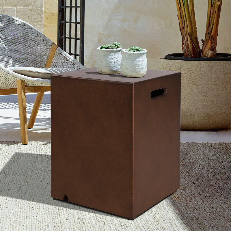 Brown Square Propane Tank Cover Table – 20 lb Outdoor Concrete Hideaway with Side Handle for Patio or Deck, Brown