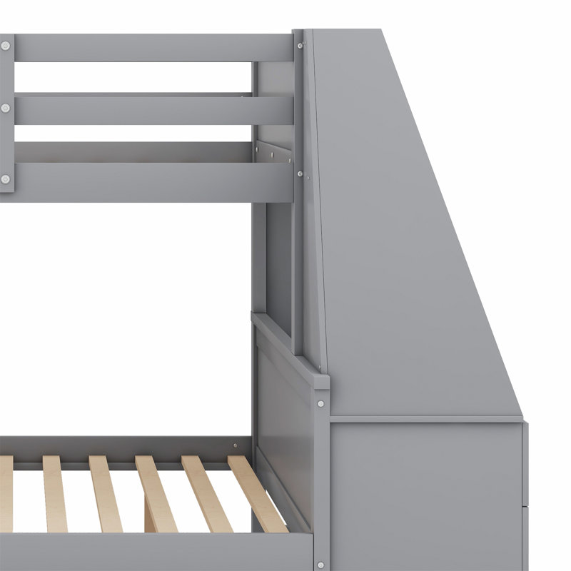 Bunk Bed With Trundle,Built-In Desk,Drawers And Shelf, Gray
