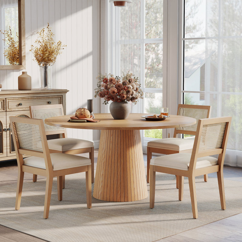 Ensemble de table de salle à manger ronde à piédestal avec 4 à 6 chaises à dossier en rotin, ensemble de table de salle à manger de style campagnard avec chaises rembourrées en chenille et pieds en bois massif pour 4 à 6