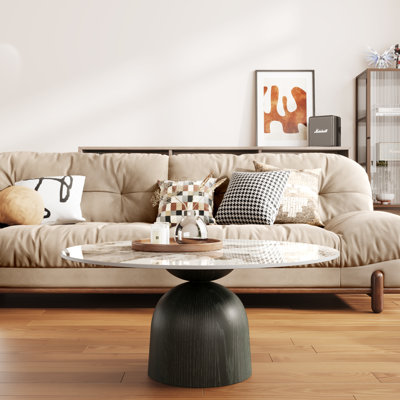 Modern Round Coffee Table with Faux Marble Tabletop and Pedestal Solid Wood, Cocktail Table for Living room Home Decor