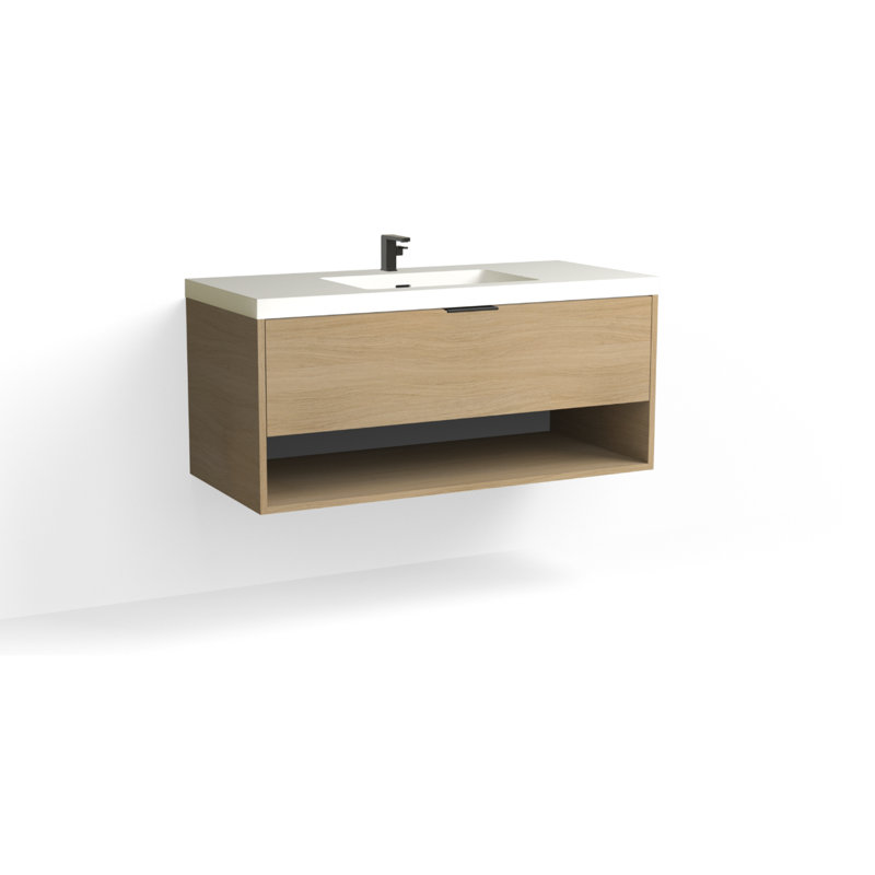 Modo 48" W Wall Mounted Single Bathroom Vanity, Matte White/8" Widespread, Satin Brass, Charred