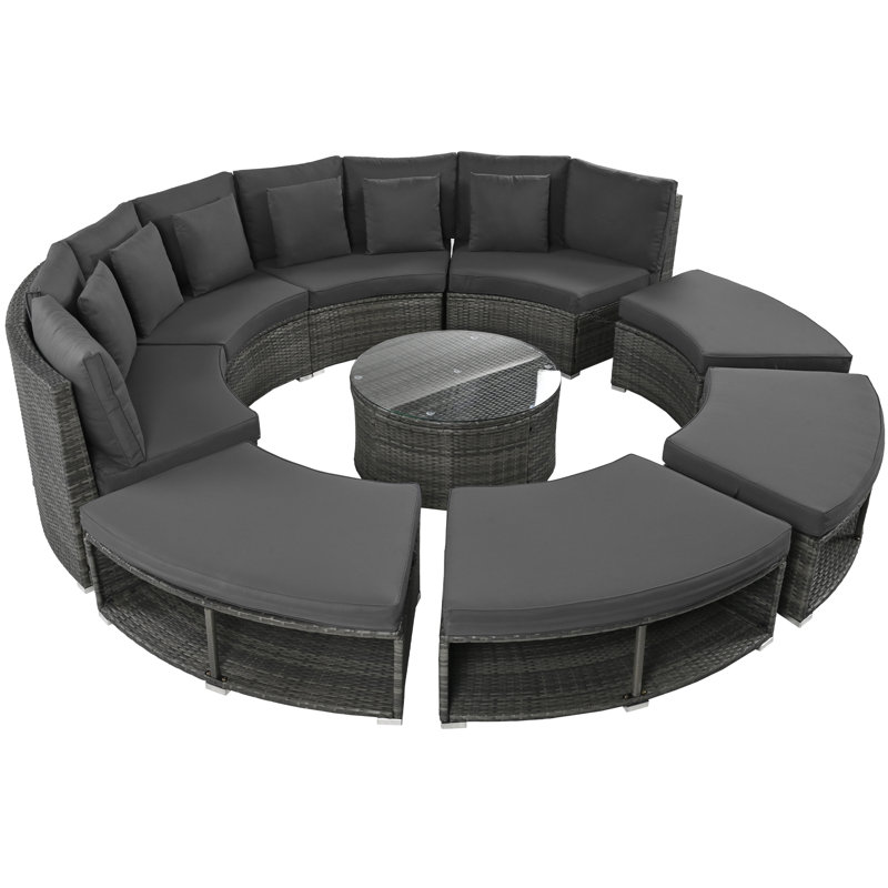 Outdoor Patio Furniture Luxury Circular Outdoor Sofa Set Rattan Sectional Sofa Lounge Set With Tempered Glass Coffee Table