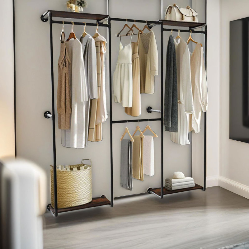 Heavy Duty Wall-Mounted Metal Clothes Rail Open Wardrobe