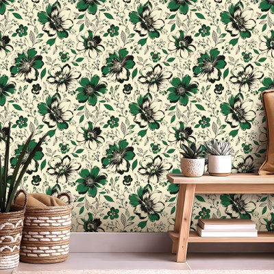 Papier de contact à peler et coller avec détails botaniques rétro vert botanique auto-adhésif et amovible 24 po x 118 po (60 x 300 cm)