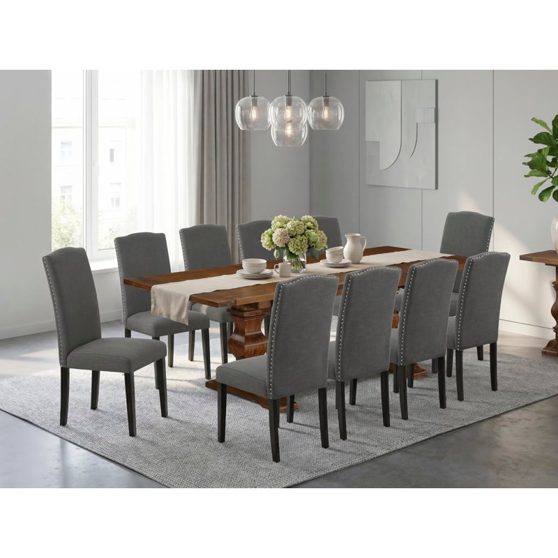 11 Piece Dining Table Set Includes a Rectangle Dinner Table with Removable Leaf and 10 Dark Gotham Linen Fabric Parson Chairs, Antique Walnut