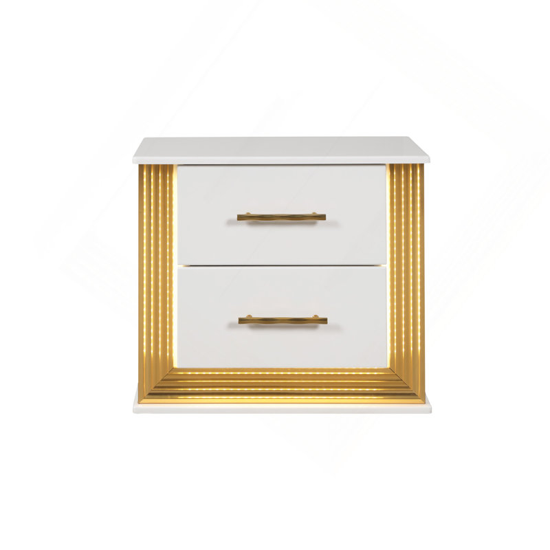 Table de chevet à 2 tiroirs de style contemporain en bois et finition dorée