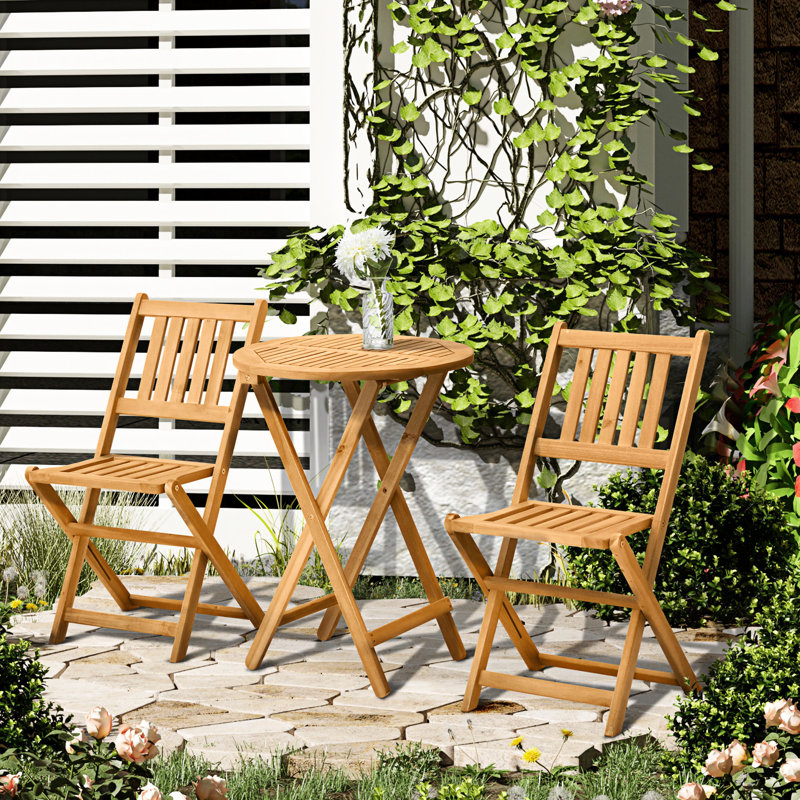 3 Wood Bistro - Folding Patio Furniture With 2 Chairs & Round Coffee Table For Backyard, Balcony, Deck. -Like Finish, Slatted Design, No Assembly Required Table. Fade-, Deck, Backyard